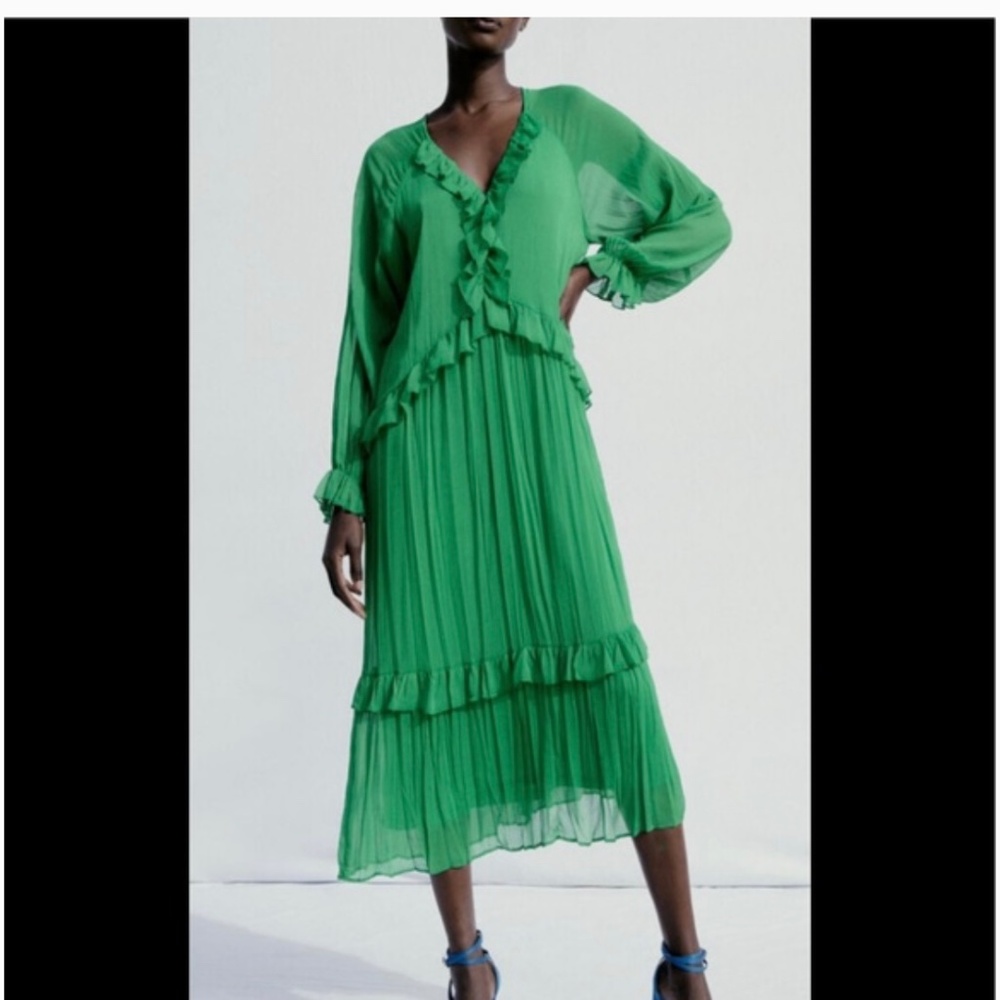 New Zara Bright Green Airy Ruffle Dress